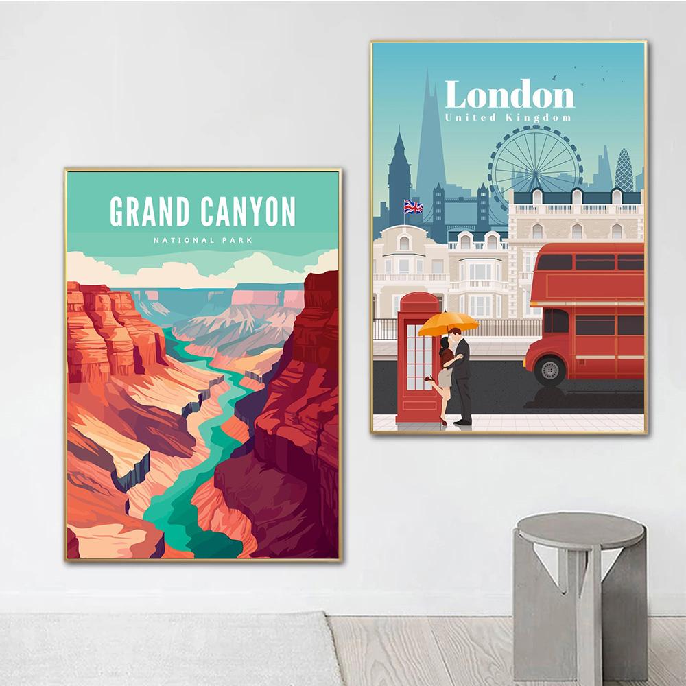 Abstrakte Cartoon Stadt Reise Drucke Poster Leinwand Malerei Hd Modern Wandkunst Bilder Für Wohnzimmer Schlafzimmer Heimdekoration