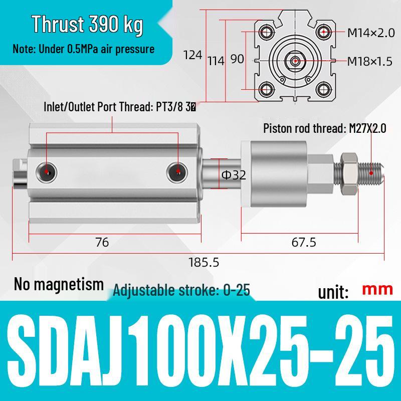 Adjustable Stroke Pneumatic Thin Cylinder - Piston Rod Sizes: 16/20/25/32/40/63