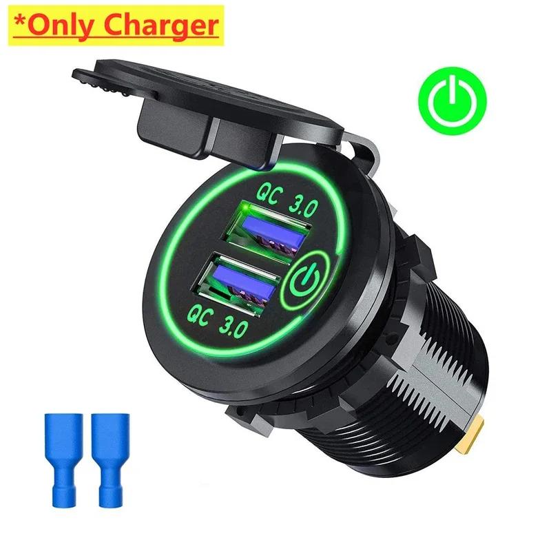 60W Dual QC 3.0 Dual USB Fast Car Charger Socket 12V/24V Waterproof with Switch Auto Car Quckly Charging Adapter Power Outlet