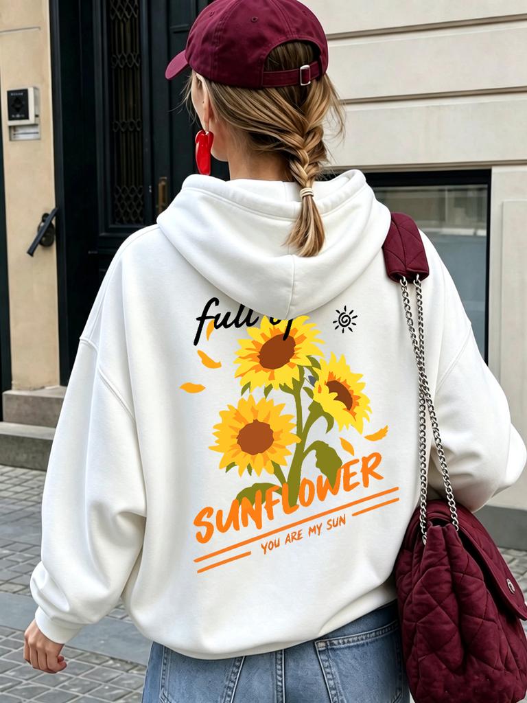 Full Of Sunflower Prints Hoodie Women Winter Loose Pocket Pullovers Casual Jogging Sweatshirt Sporty Fleece Warm Womans Clothes