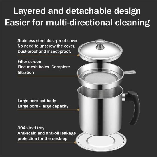 Stainless Steel Oil Can Container with Fine Filter Frying Oil Saver for Straining And Storing Cooking Oil Reuse 1.4L Capacity Rust-Proof Kitchen Oil