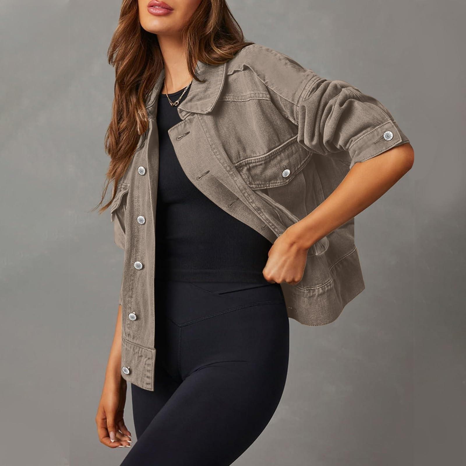 

Женская эластичная джинсовая куртка с длинным рукавом, джинсовая куртка Trucker Jacket с карманом S хаки