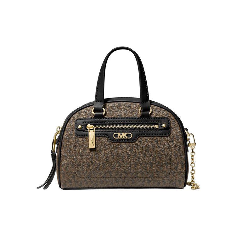 Michael Kors Williamsburg Classic Logo Chain Zip Closure Leather Trim Shell Bag Mini Women Shoulder Bags Brown Black 32F3G6WC0B-2137 Basic Set (Bag+Dust Bag)