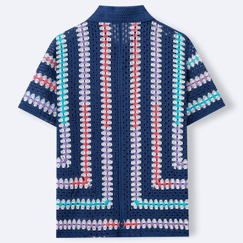 Knitted Crochet Short Sleeve Shirts for Men Casual Button Down Hollow Out Collared Shirt Tops Men's Summer Vacation Vintage Knit Golf Beach Shirts Top