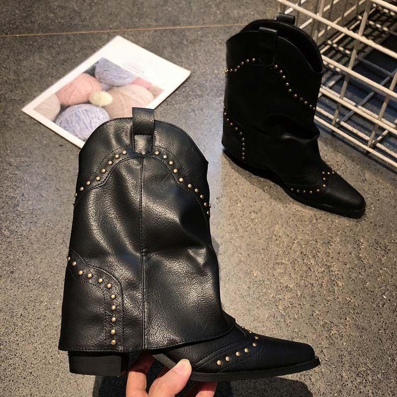 

Модные женские полусапоги до середины икры с острым носком и заклепками, на среднем каблуке, кожаные, осенне-зимние, водонепроницаемые, модные 2025 37