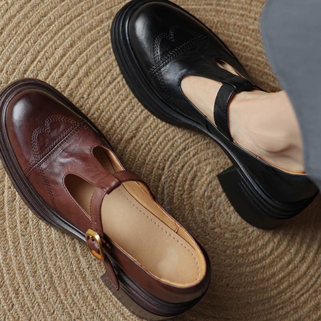 Washed Leather! Huge Comfortable~ Soft Leather Single Shoes Women's Thick Heel Thick Sole Mary Jane Shoes Small Leather Shoes French High Heels