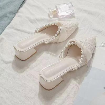 French Thick Heel Bag Head Half Tray Shoes Women's 2025 Spring and Summer New Small Fragrant Pointed Head with Skirt Gentle Half Slippers