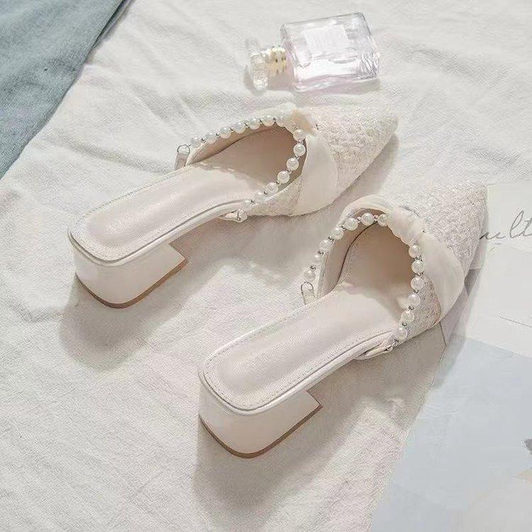 French Thick Heel Bag Head Half Tray Shoes Women's 2025 Spring and Summer New Small Fragrant Pointed Head with Skirt Gentle Half Slippers