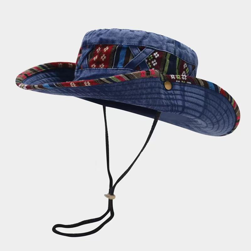 

Bucket hat outdoor leisure old washed denim visor for men and women Western denim mountaineering bucket hat Adjustable темно-синього кольору