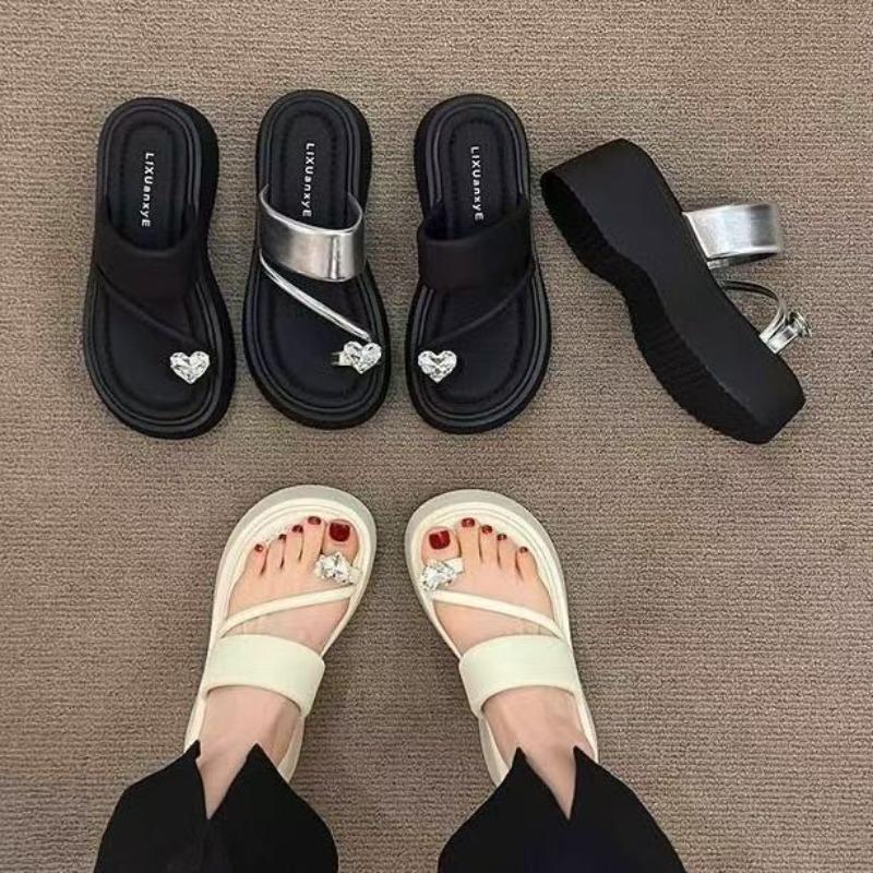 2025 New Elevated Round Toe Thick Heel Solid Color Summer Slipper Fashionable Open Toe Trendy Slip-On Shoe Small Fragrance Style