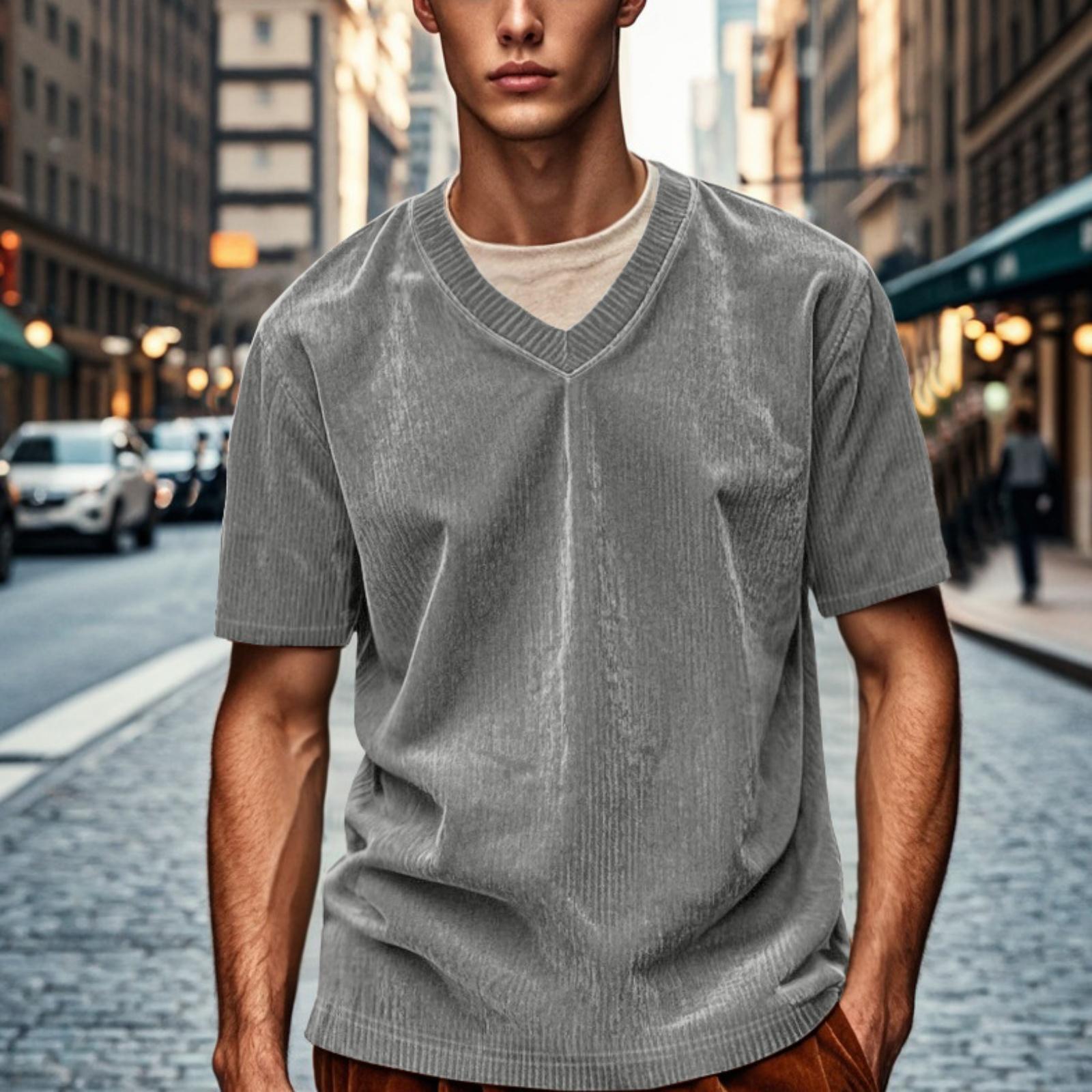 

Men s Soft- Amish Chambray Fabric Denim V-neck Short-sleeved Shirt S