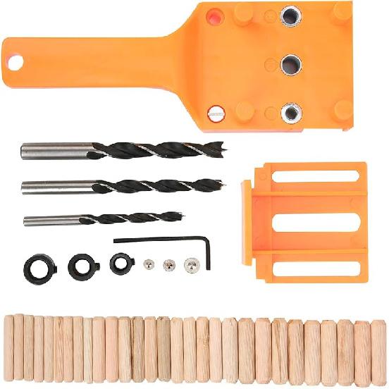 Wood Doweling Hole Drill Guide, 6 8 10 mm Dowel Jig Kit Handheld Self Centering Pocket Straight Hole Puncher Saw Tools Set Metal Sleeve Pins Bit for