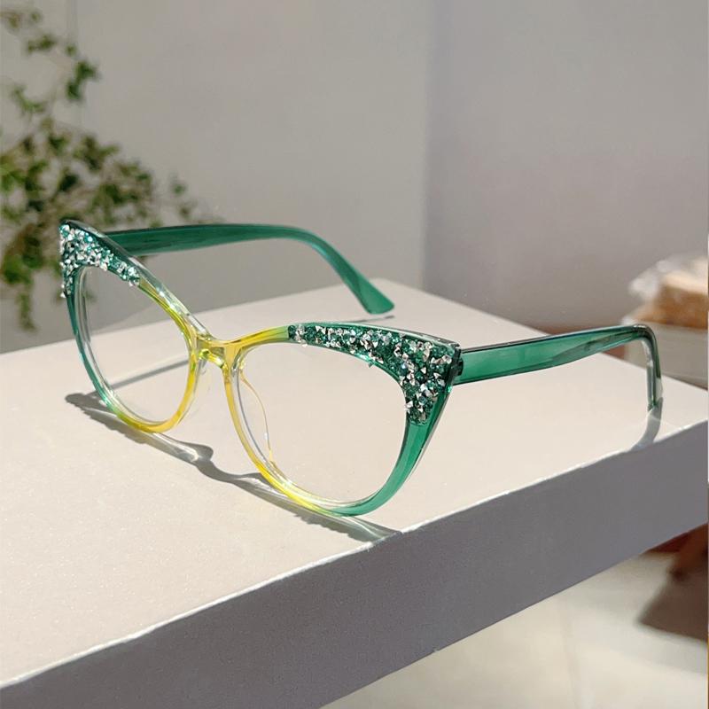 KAMMPT Fashion Cat Eye Multi Color Frame Women's Trendy Crystal Shiny Glasses Non-prescription Original Brand Design Eyewear