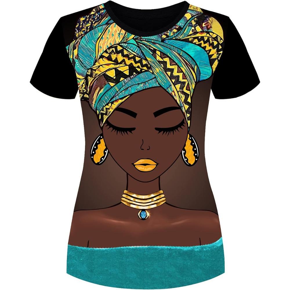 Melanin Girl Natural Hair Pattern T-shirt, women's T-shirt, African casual short-sleeved round-neck top T-shirt