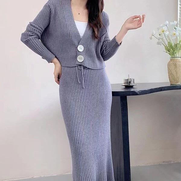 2026 Autumn/Winter European & American V-Neck Knit Cardigan with Two-Button Closure and Long Bodycon Skirt Two-Piece Set