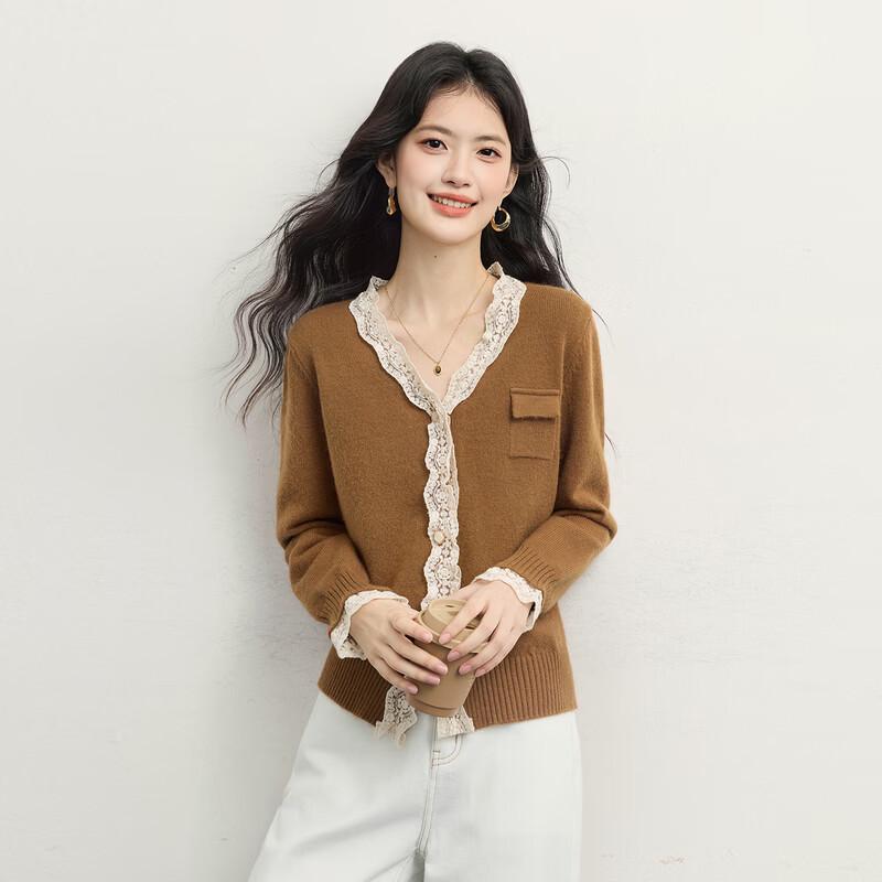 sllsky Women's Lace Trim V-Neck Knit Cardigan