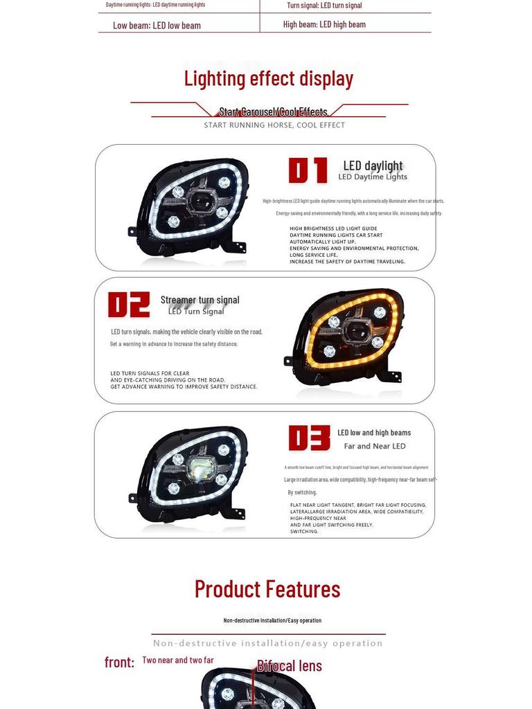LED Headlight Assembly with Crystal Lens & Flowing Turn Signals for 15-19 Mercedes-Benz Smart