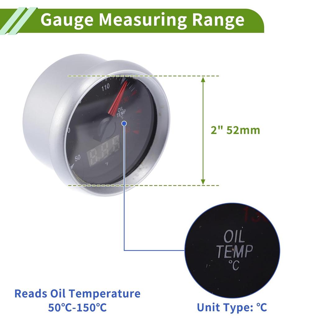 Oil Temp Temperature Gauge Meter Kit Silver Tone Engine Temp Gauge 2" 52mm White 50Degrees Celsius-150Degrees Celsius
