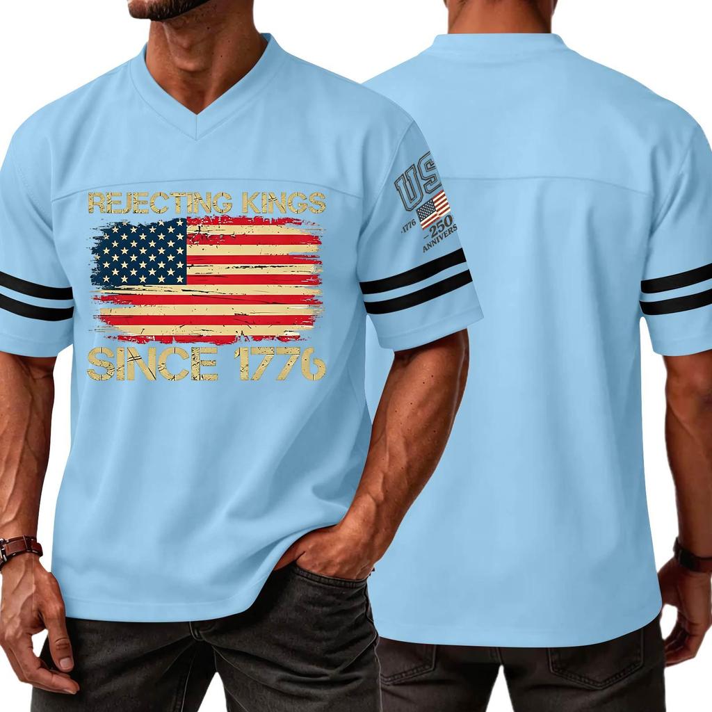 Men's Casual V Neck Short Sleeve Sports T Shirt with Flag and Independence Day Print Suitable for Daily Wear and Outdoor Activities