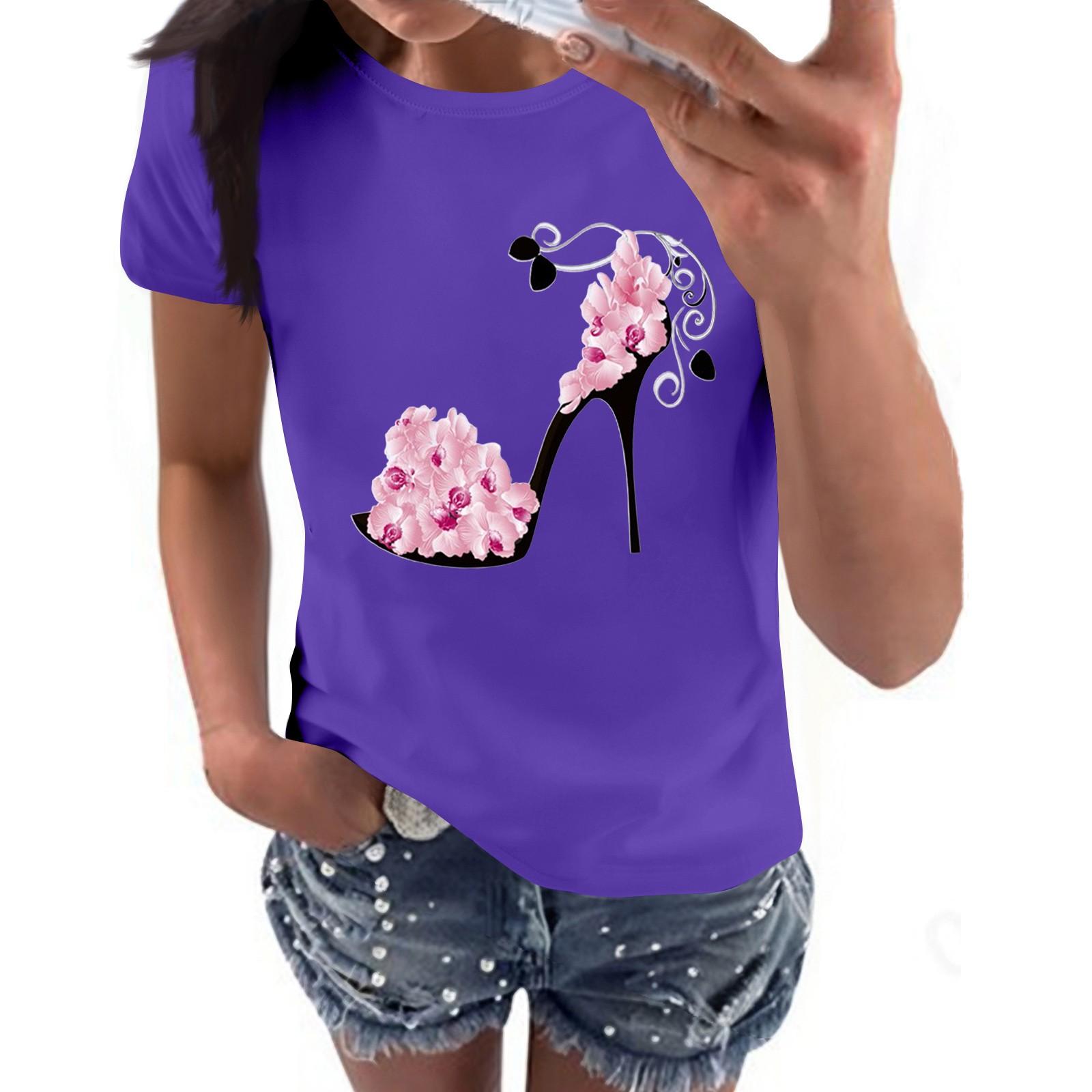 

Women s Casual High Heels Floral Print Casual Short-sleeved T-shirt Pullover Round Neck Short-sleeved Top L фіолетовий