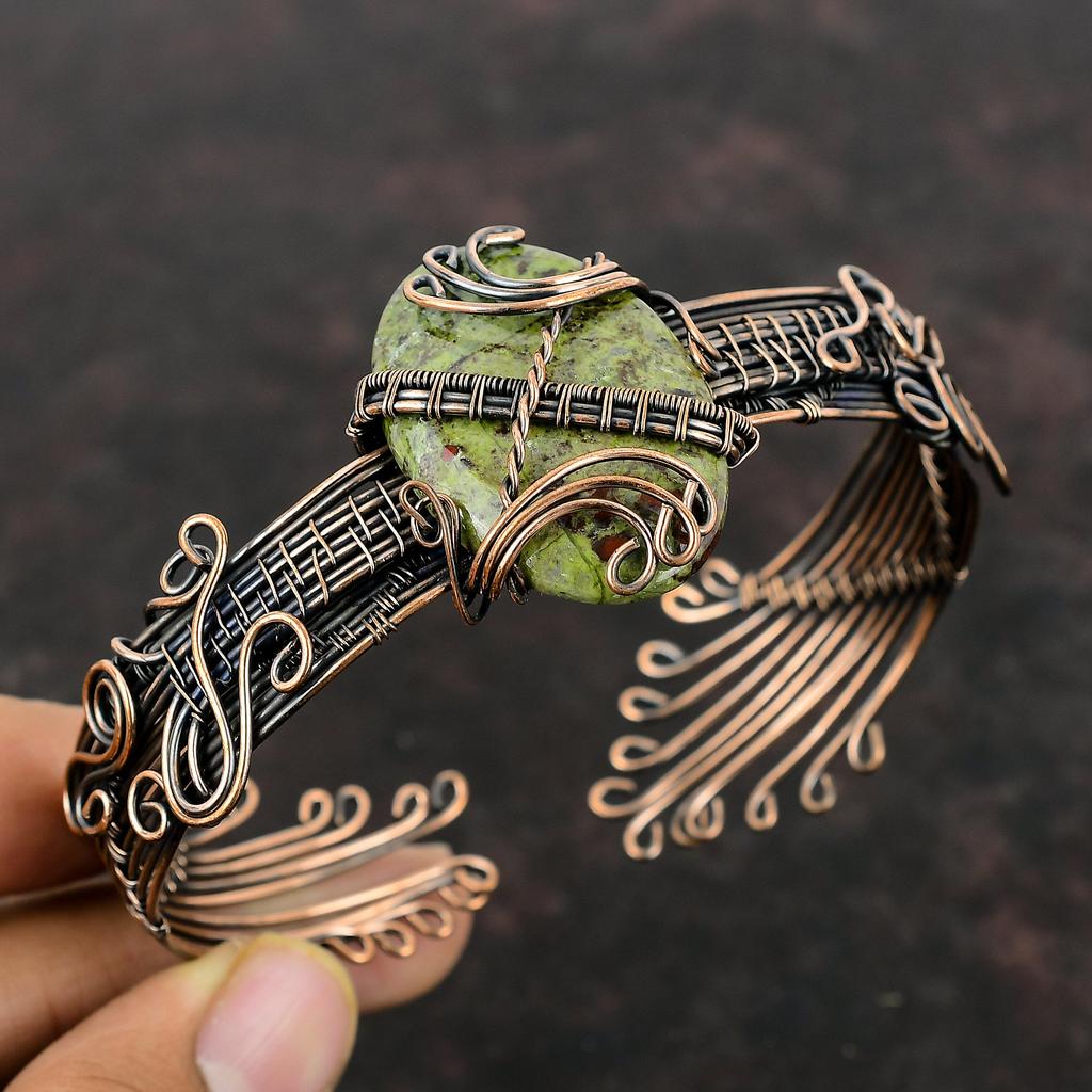 Dragon Bloodstone Bangle Copper Wire Wrapped Gemstone Cuff Bracelet Adjustable Bangle Handmade Wire Wrapped Jewelry Copper Jewelry For Gift