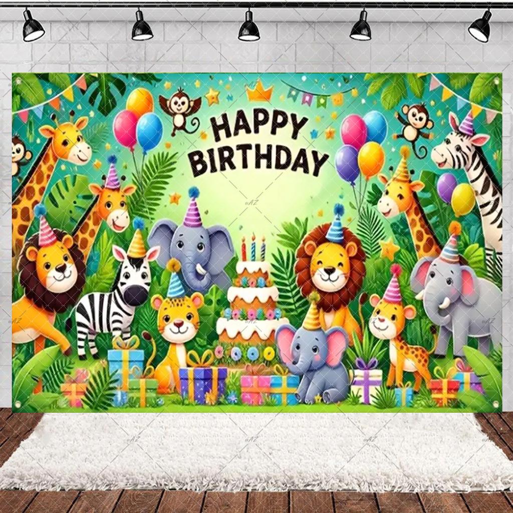 Jungle Wildlife Lion Giraffe Theme Banner Background, Children's Birthday Party, Home Decoration Photography Studio Background