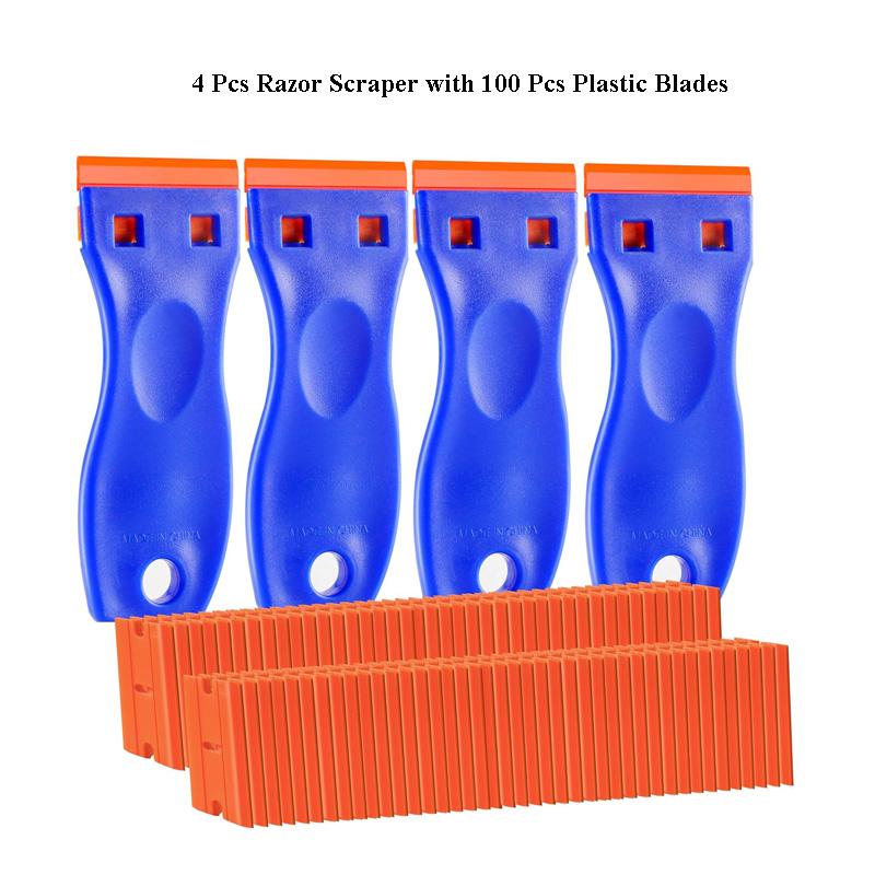 Plastic Razor Blade Scraper with 100 Pcs Plastic Blades Window Cleaning Scraper for Removal Glue Labels Sticker on Car Glass