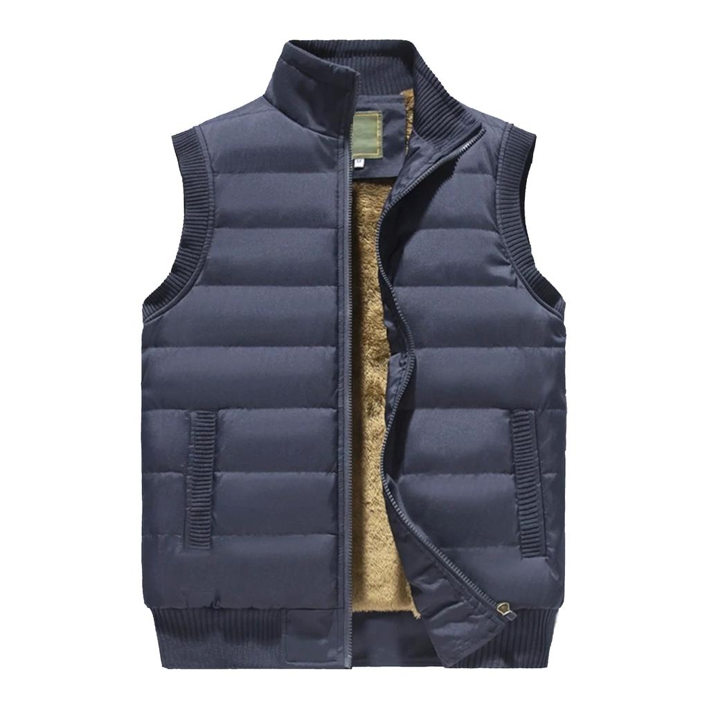 Men's Casual Solid Color Vest, Men's Stand-up Collar Zipper Fleece Warm Sleeveless Vest