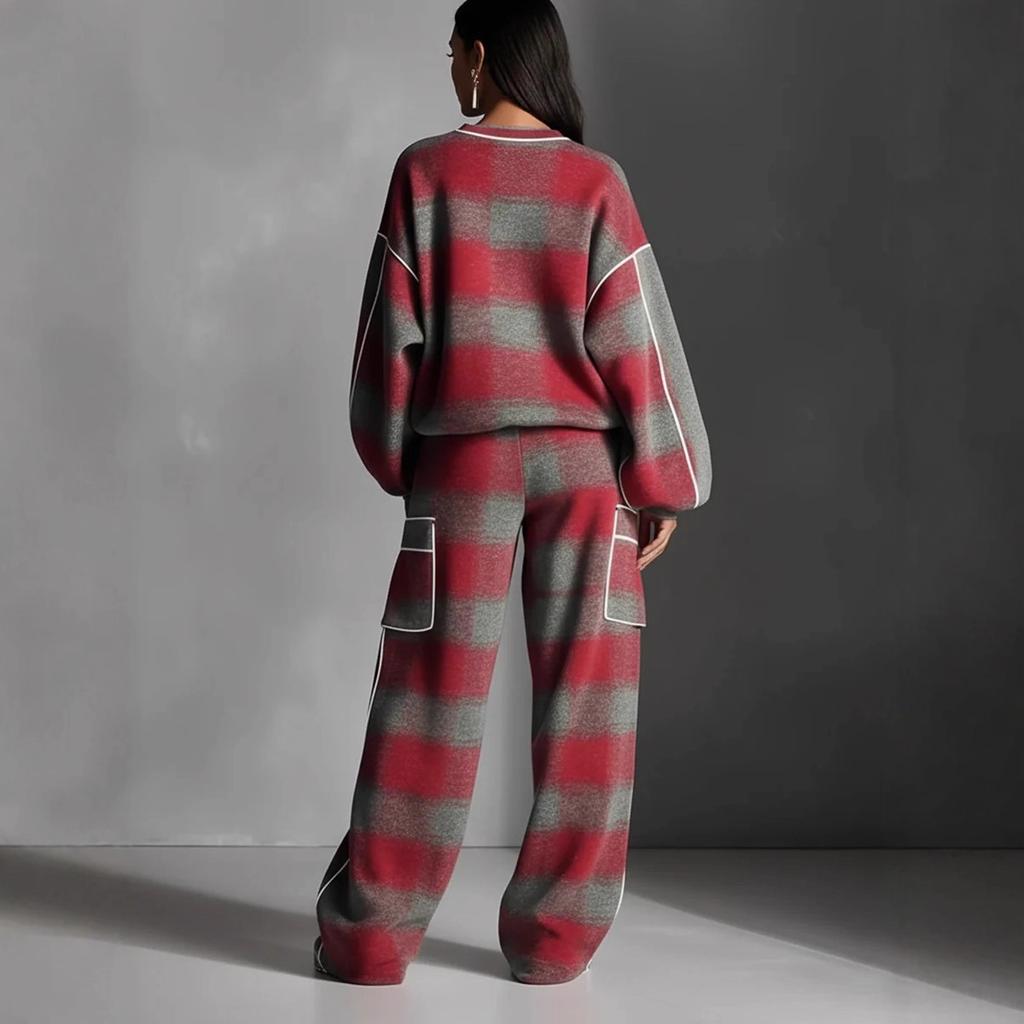 Women's Plaid Vintage Street Style Color-Block Trim Pants Set Spring Summer