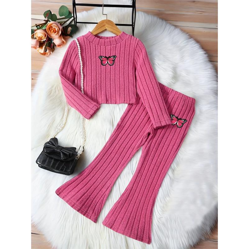 Girls Autumn Short Long-Sleeved Suit Fleece-Lined Warm Bell-Bottom Pants Spring Fall Butterfly Rose Red Home Casual Outing Versatile Two-Piece Set