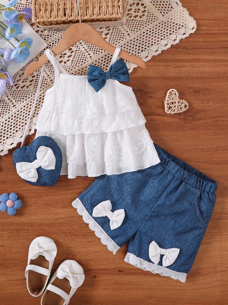 Fashion Big Bow Decor Ruffle Cami Top Denim Lace Trim+Shorts for 0-3Y Baby Girl 2Pcs Outfit Summer Sleeveless Infant Casual Clothes Set