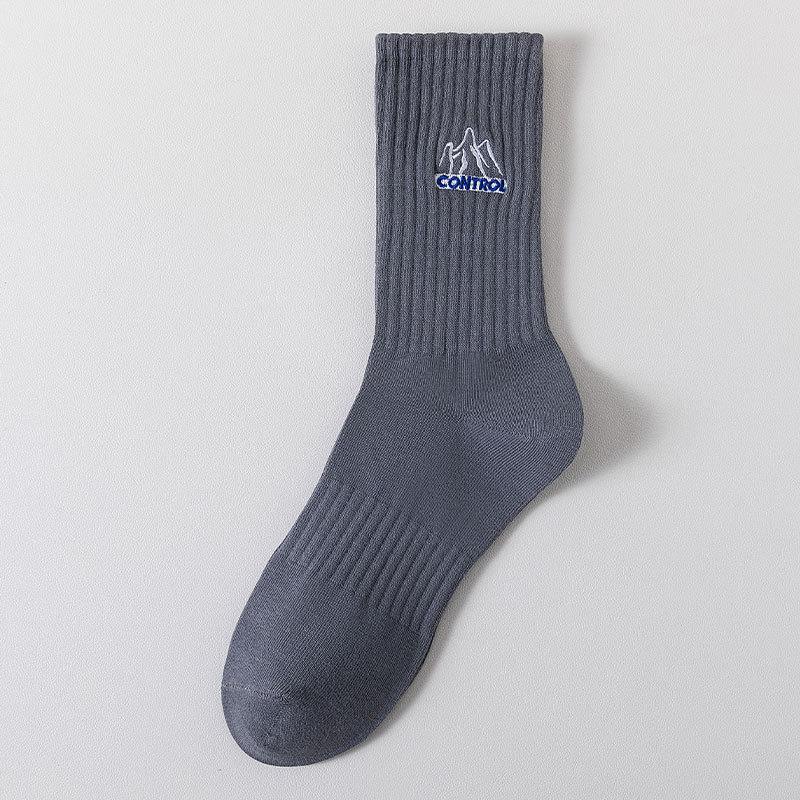 Men's Mid-calf Socks for Autumn and Winter, Solid-colored Cotton Socks, Snow Mountain Embroidery, Versatile and Trendy Socks for Spring and Summer