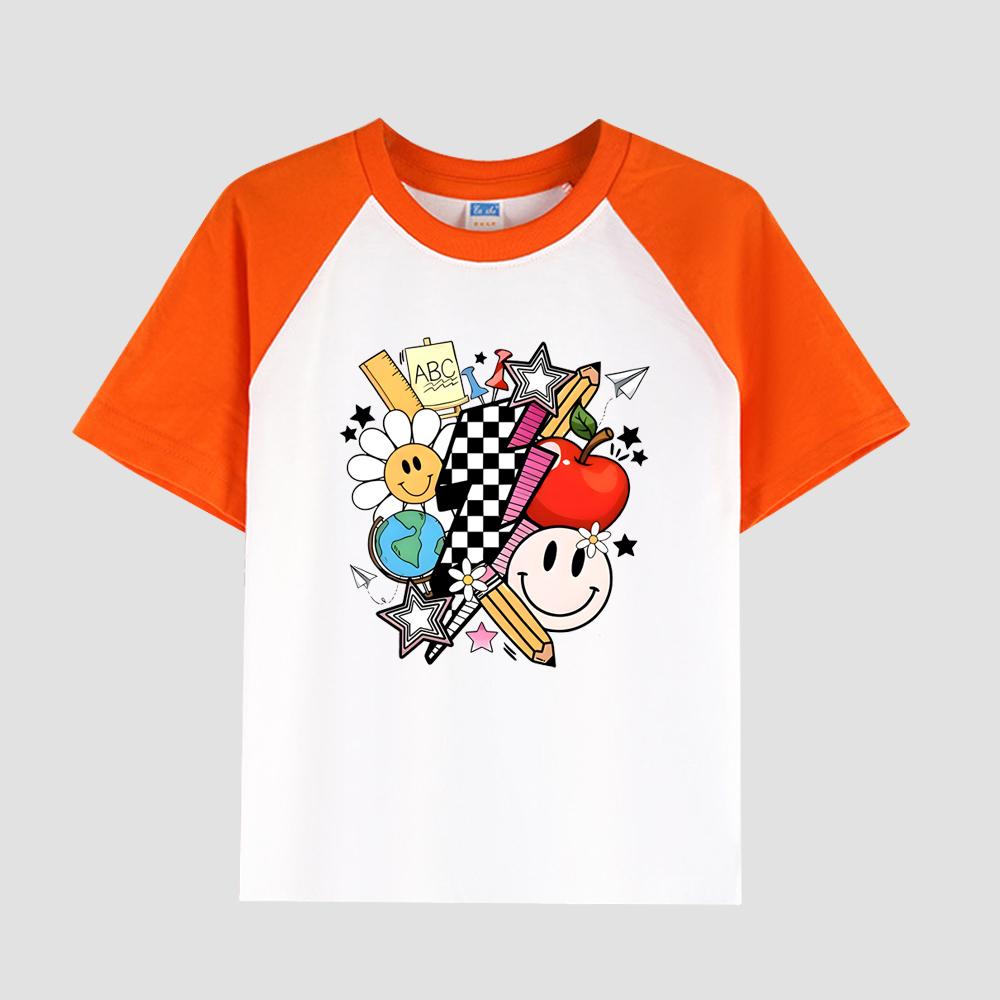 Girls' Short Sleeve Cotton T-Shirt with Printed Floral Design, Round Neck, Children's Casual Fashion Top for Summer