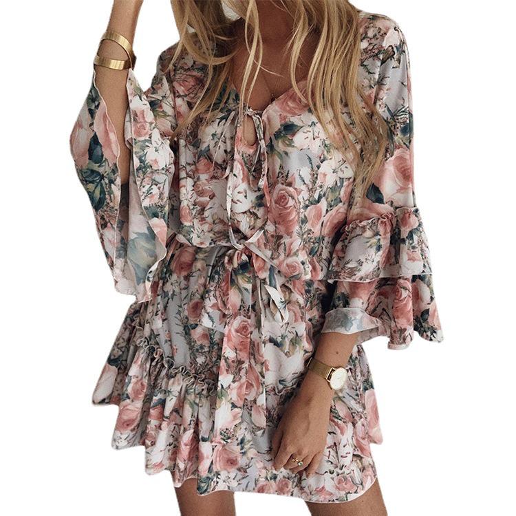 2022 Vår/Sommer Chiffon Trykk Kort Kjole - Dame Slim Fit, Middels Høyde i Livet, Pendlerstil