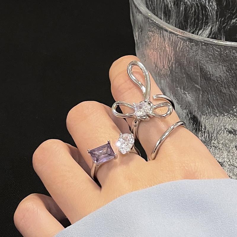 Bow Personality Geometric Line Open Ring Female Zircon Premium Light Luxury Niche Design French Ring