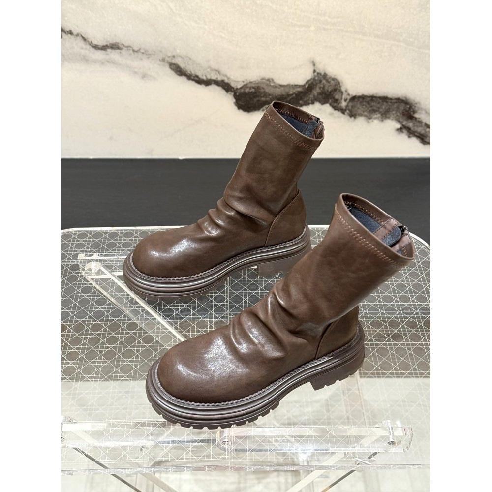 Pile Pleated Boots Thick Heel Skinny Short Boots Women S Thick-Soled Fleece British Martin Boots 35