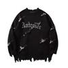 Unisex Oversized Streetwear Sweater Vintage Jacquard Distressed Crewneck Long Sleeve
