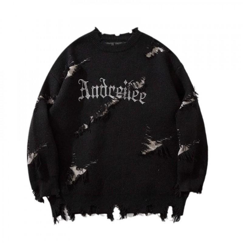Unisex Oversized Streetwear Sweater Vintage Jacquard Distressed Crewneck Long Sleeve