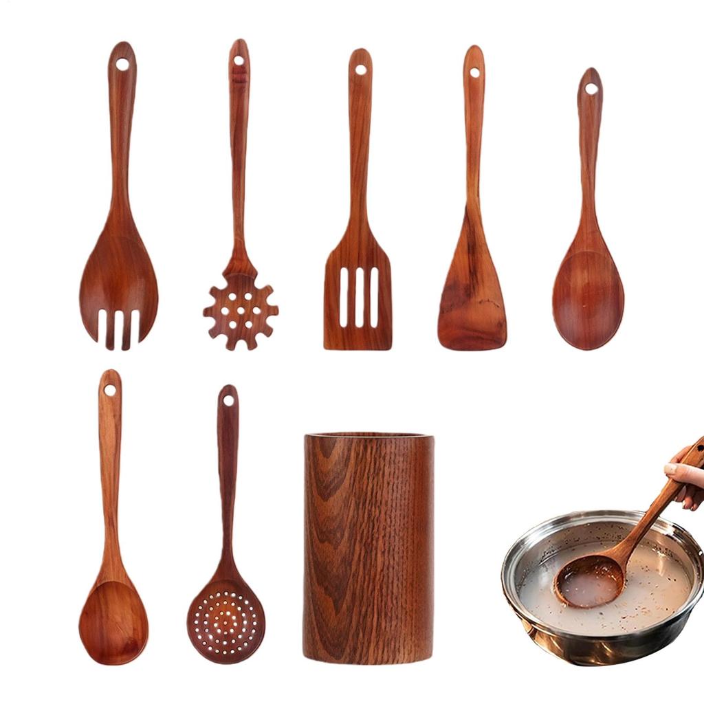 8pcs Wood Cooking Utensil Set Heat Resistant Cooking Tool Including Cooking Shovel, Cooking Spoon, Spoon Stand And Spoon Stand