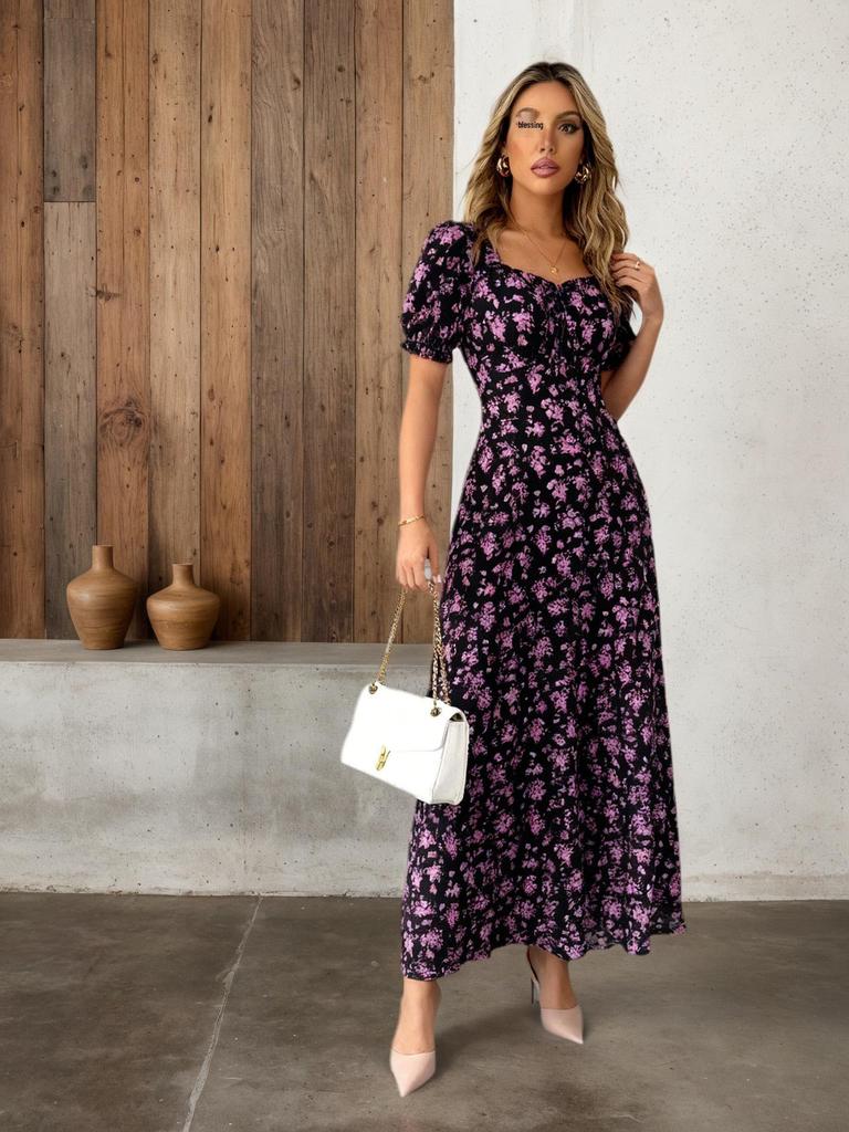 2026 Women's Summer Floral Print Puff Sleeve Square Neck Dress - French Style Holiday Tea Party Skirt