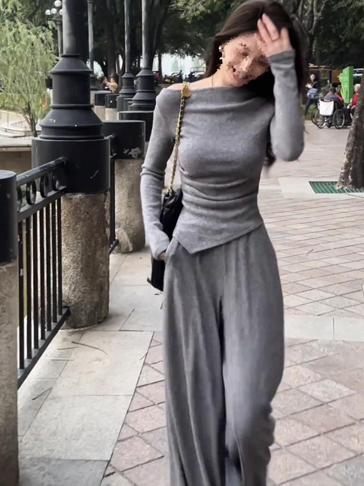 2025 Autumn Elegant One-Shoulder Top & Wide-Leg Pants Set