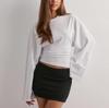 Light Gray Long Sleeve Blouse with Flare Sleeves and Waist Pleats