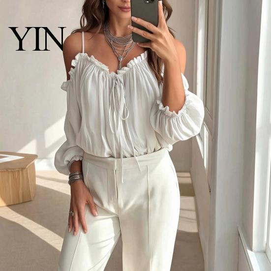 Top Camicie Casual da Donna per Tutti i Giorni, Camicia a Maniche Lunghe Puff con Vestibilità Larga, Pullover Sling Senza Spalle Traspirante a Colore Puro per Lavoro Feste