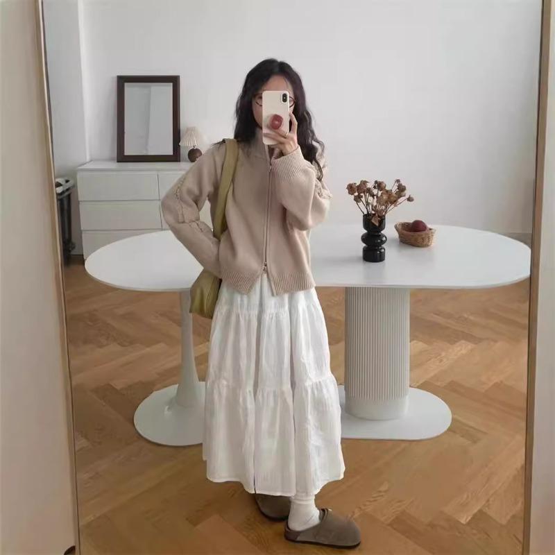 Real Shot Stand-up Collar Double Zipper Design Sense Solid Color Arm Fringe Long Sleeve Loose Lazy Wind Knitted Jacket Cardigan Women