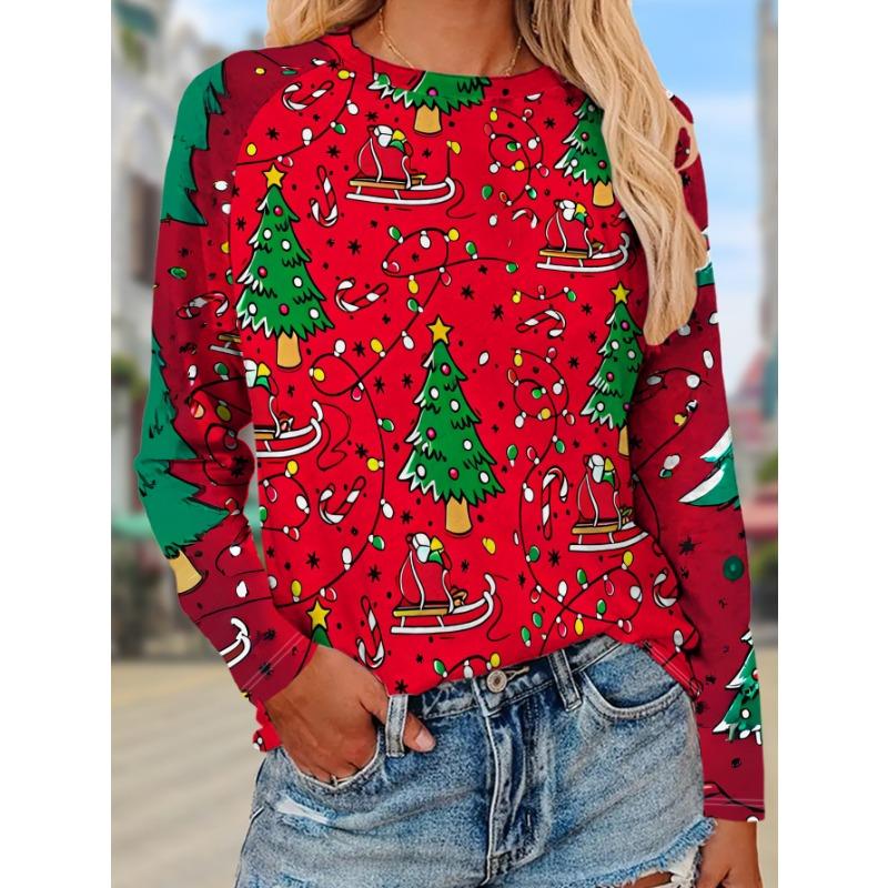 Women's Christmas themed long-sleeved T-shirt with Christmas tree sleigh pattern polyester top festive casual bottoming shirt