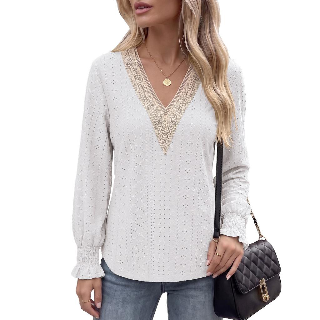 Fall Winter New Solid Color V-Neck Lace Splicing Loose Long Sleeve T-Shirt Top for Amazon EU US Cross-border Trade