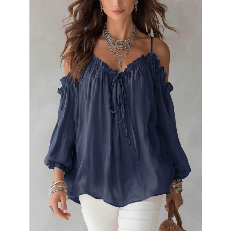 Women Casual Off Shoulder Ruffle V Neck Lace Up Strap Long Sleeve Shirt