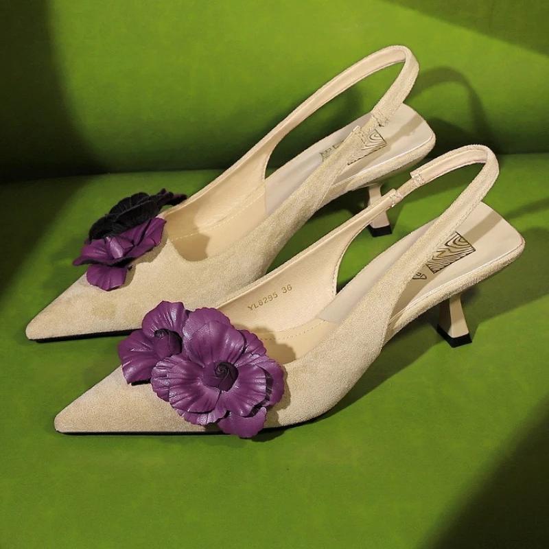 Fashion Flower Suede Pointed Toe Pumps Sandals for Women Retro Elegant High Heels Woman Fashion Designer Slingback Dress Shoes Ladies