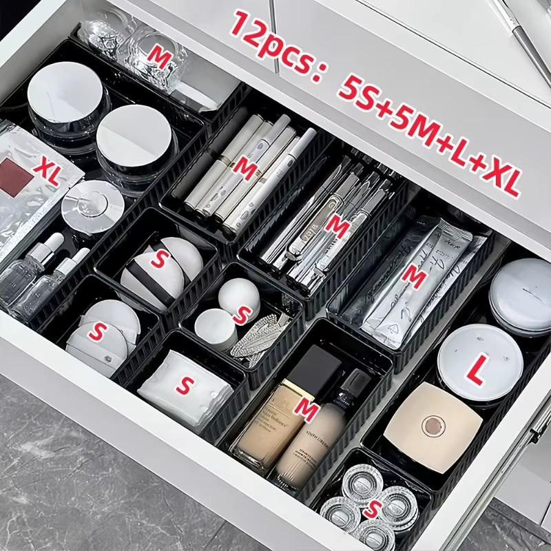 12pcs Multifunct Black Acrylic Transparent Drawer Organizer Set Desktop Storage Box for Makeup Beauty Office Supplies Organizers