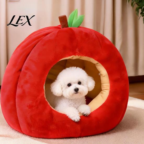 Weihnachtsgeschenk für Haustierbesitzer Apfelförmiges Katzenhöhlenbett, Plüsch-Versteck mit abnehmbarem Kissen, Warmes Neujahrs-Dekorationsbett, Gemütlich für kleine Hunde